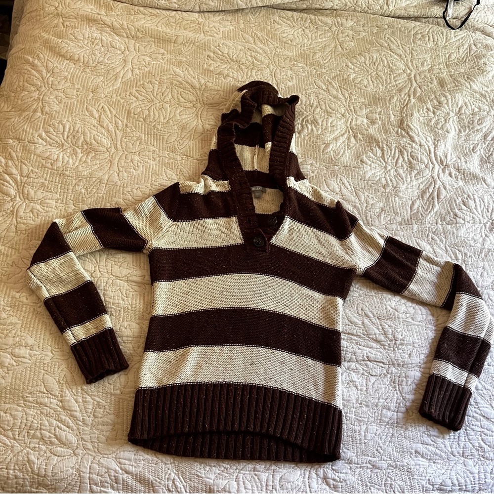 dELiA*s Brown and Cream Striped Hooded Sweater